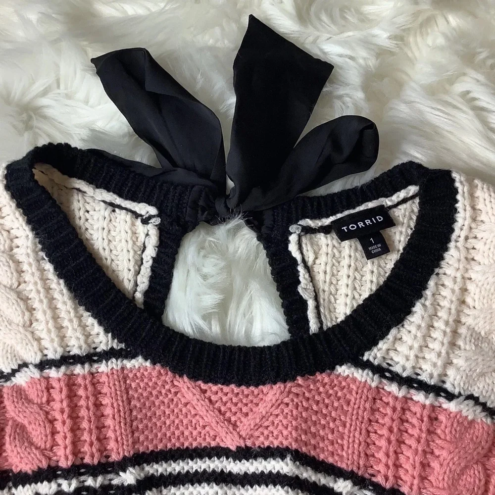 Torrid Pink Multi Stripe Cable Pullover‎ Tie Back Sweater Size 1X